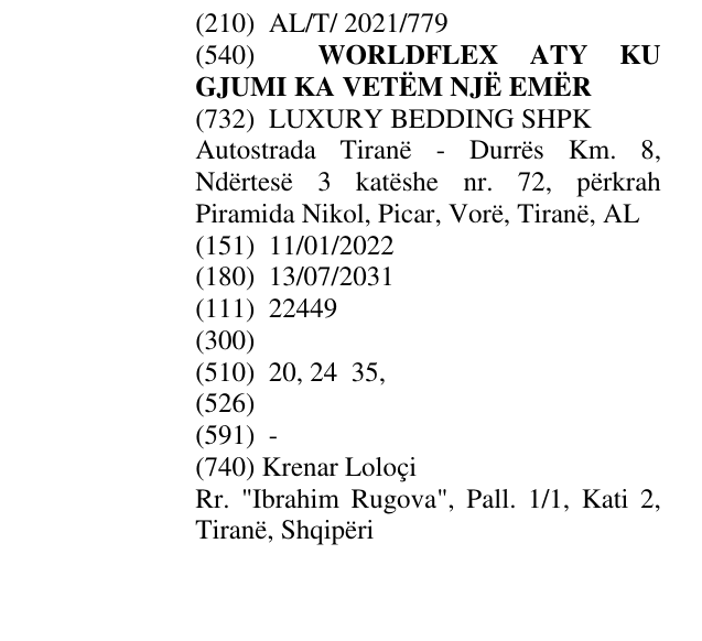 Zëri i markës WORLDFLEX ATY KU GJUMI KA VETËM NJË EMËR në buletin