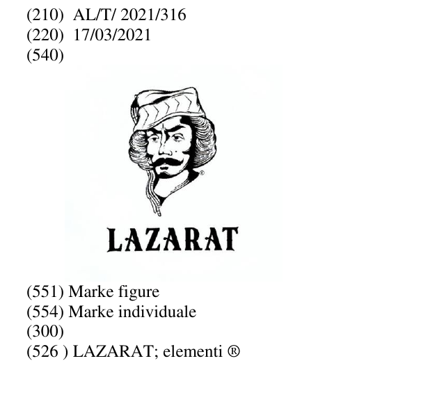 Zëri i markës LAZARAT; elementi ® Buletini i Pronësisë Industriale 10 në buletin