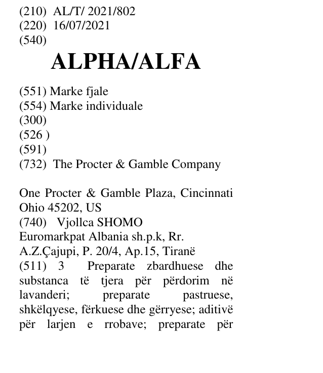 Zëri i markës ALPHA/ALFA në buletin
