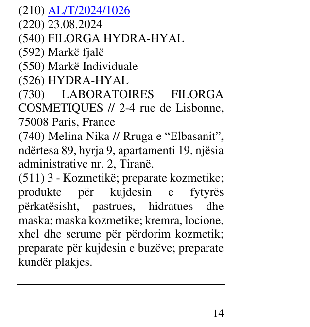 Zëri i markës FILORGA HYDRA-HYAL në buletin