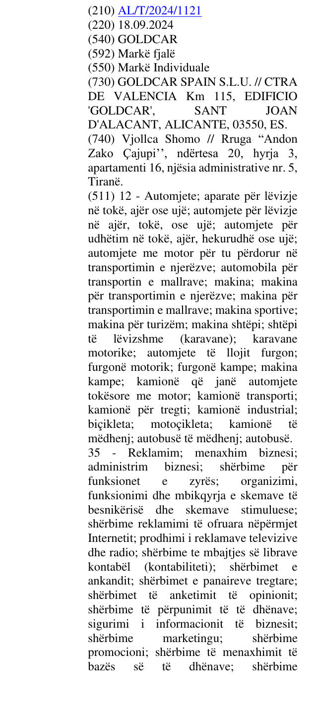 Zëri i markës GOLDCAR në buletin
