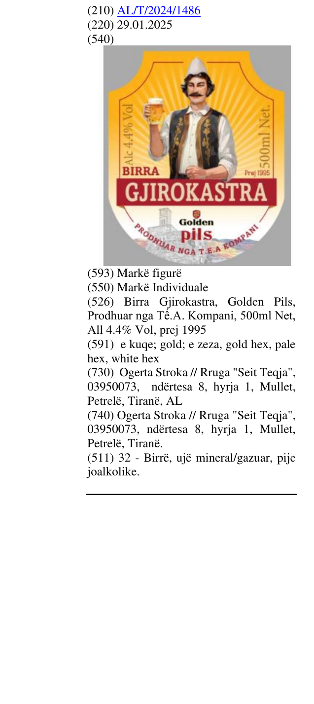 Zëri i markës Birra Gjirokastra, Golden Pils, Prodhuar nga Tế.A. Kompani, 500ml Net, All 4.4% Vol, prej 1995 në buletin