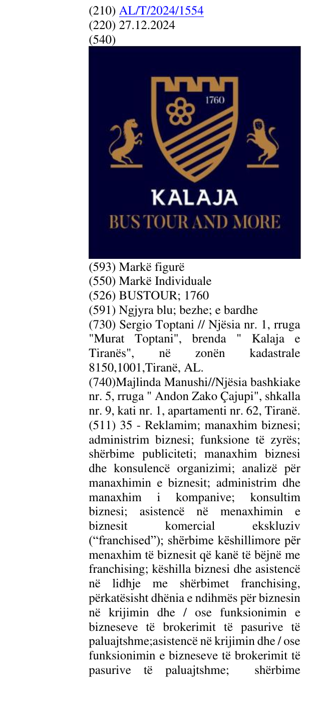 Zëri i markës BUSTOUR; 1760 në buletin