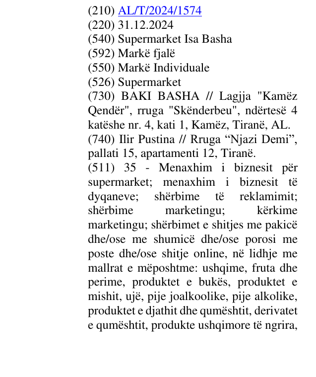 Zëri i markës Supermarket Isa Basha në buletin