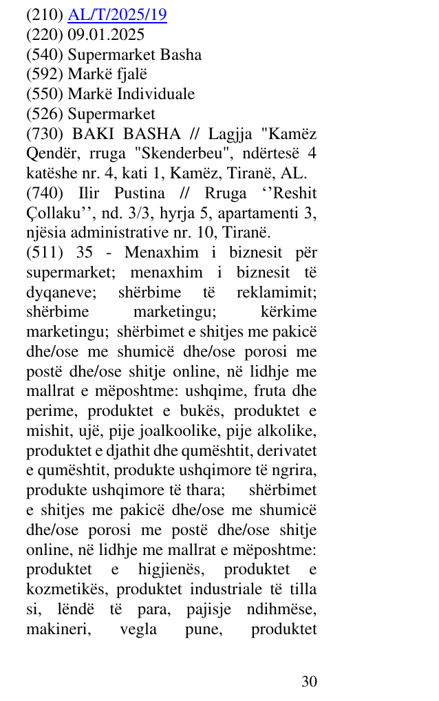 Zëri i markës Supermarket Basha në buletin