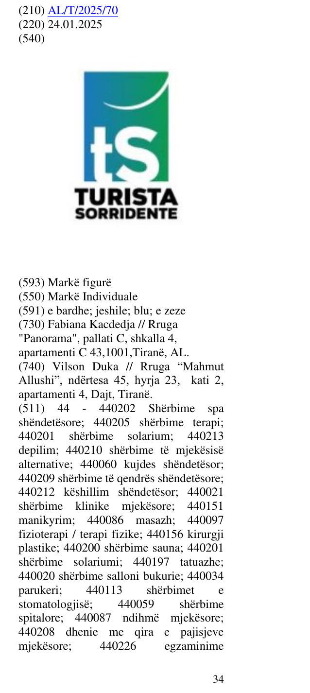 Zëri i markës TURISTA SORRIDENTE në buletin