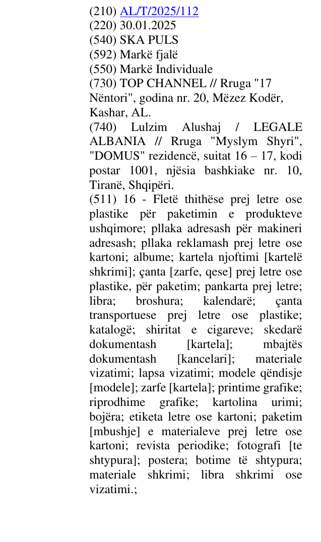 Zëri i markës SKA PULS në buletin