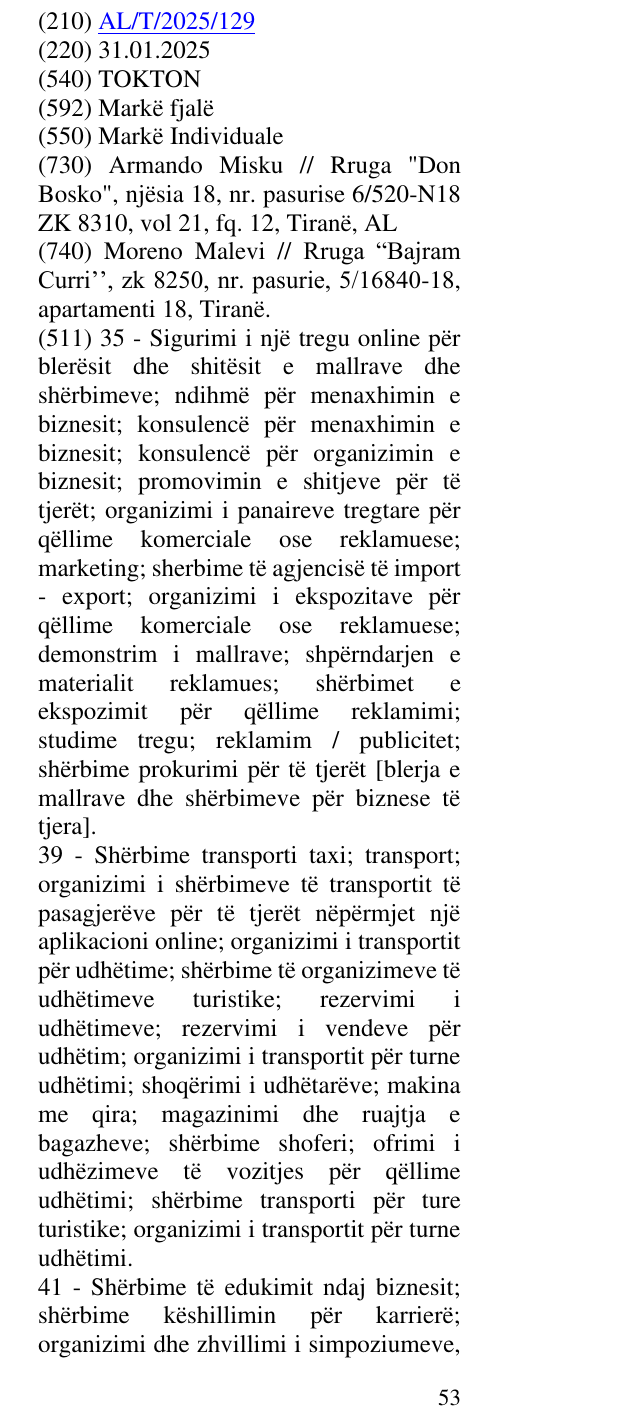Zëri i markës TOKTON në buletin