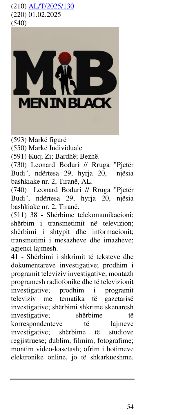 Zëri i markës MB MEN IN BLACK në buletin