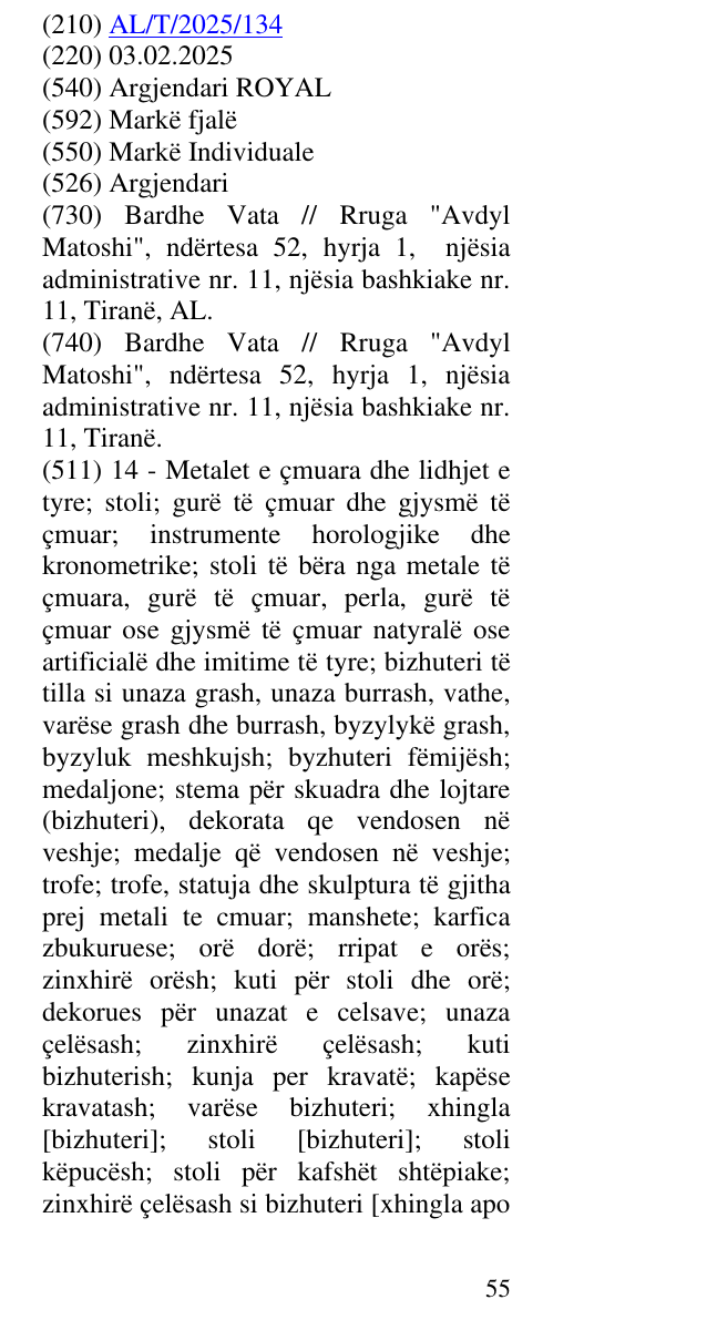 Zëri i markës Argjendari ROYAL në buletin