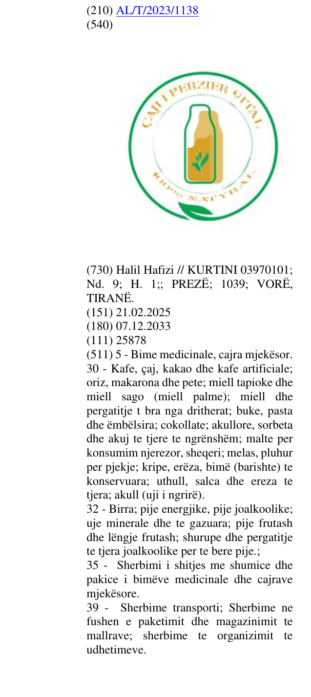 CAJI I PERZIER VITAL 100% NATYRAL markasının bültendeki kaydı