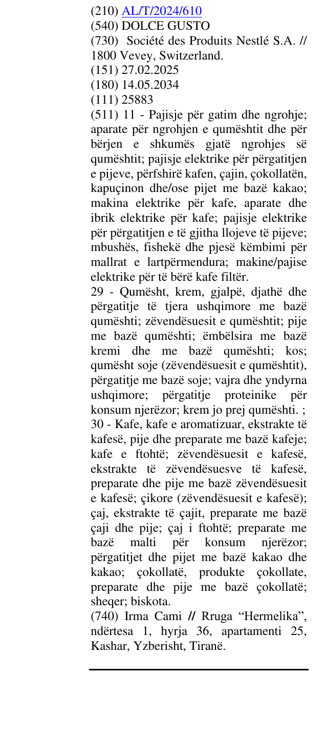 Zëri i markës DOLCE GUSTO në buletin