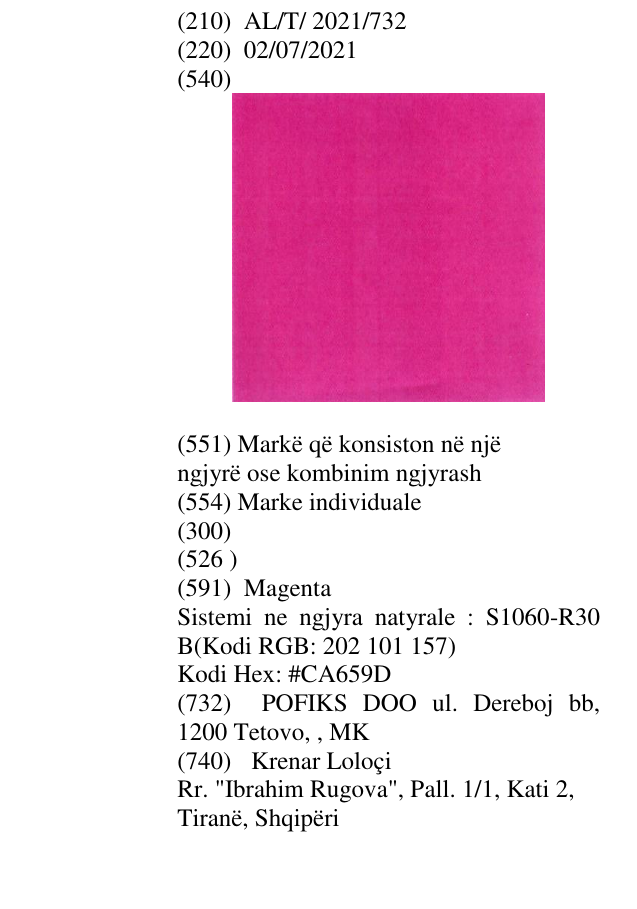 Zëri i markës AL/T/2021/732 në buletin