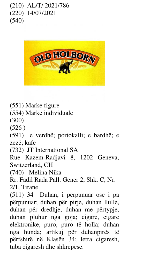 Zëri i markës OLD HOLBORN në buletin