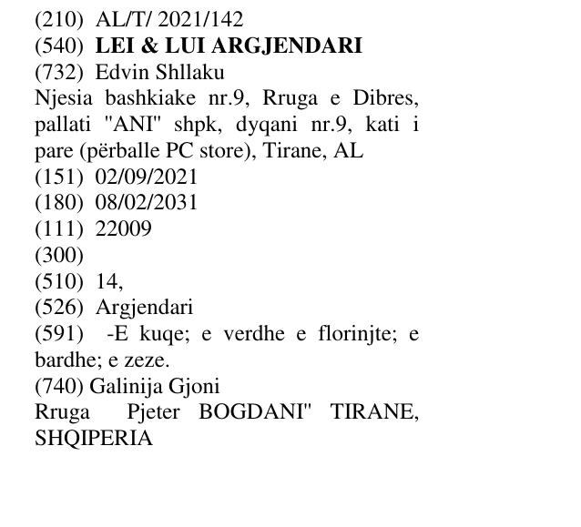 Zëri i markës LEI & LUI ARGJENDARI në buletin