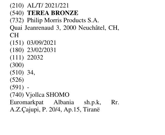 Zëri i markës TEREA BRONZE në buletin