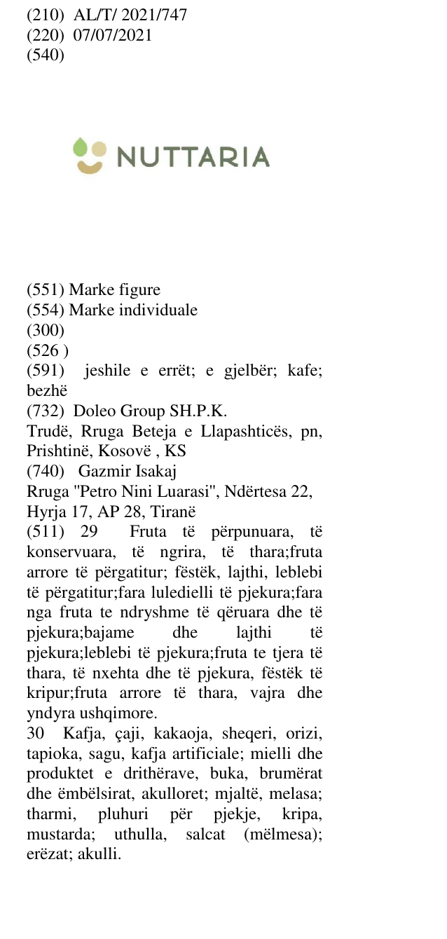 Zëri i markës NUTTARIA në buletin