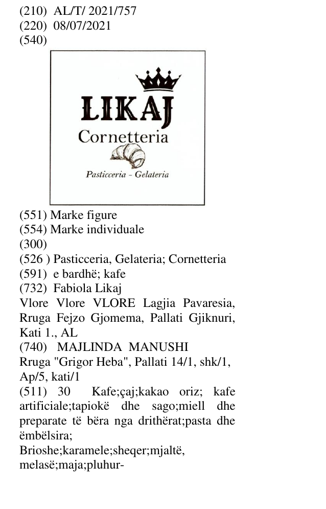 Zëri i markës Pasticceria, Gelateria; Cornetteria në buletin