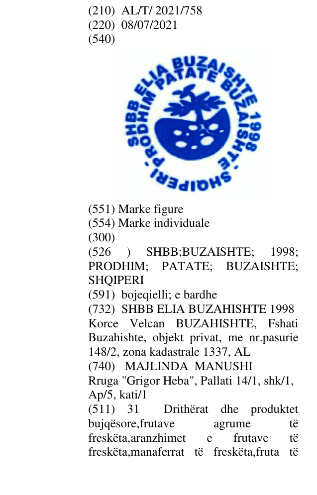 Zëri i markës SHBB;BUZAISHTE; 1998; PRODHIM; PATATE; BUZAISHTE; SHQIPERI në buletin
