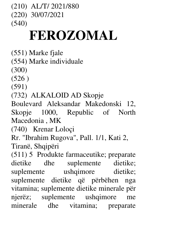 Zëri i markës FEROZOMAL në buletin