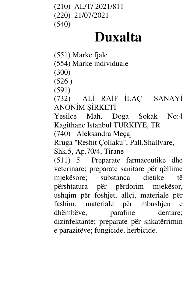 Zëri i markës Duxalta në buletin