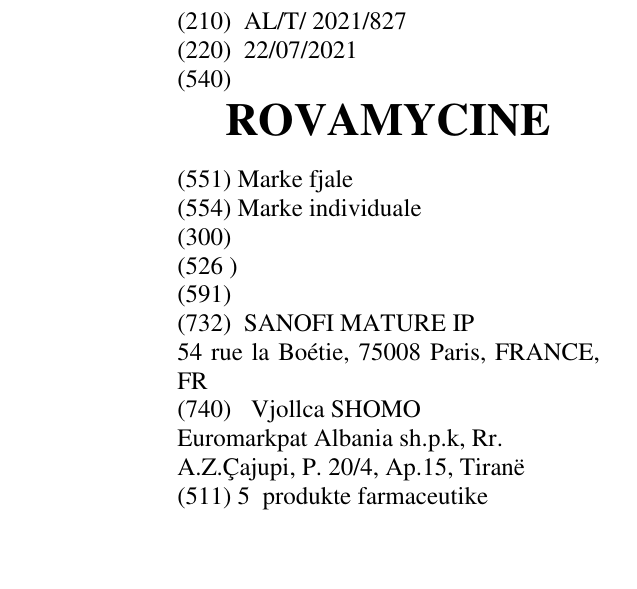 Zëri i markës ROVAMYCINE në buletin