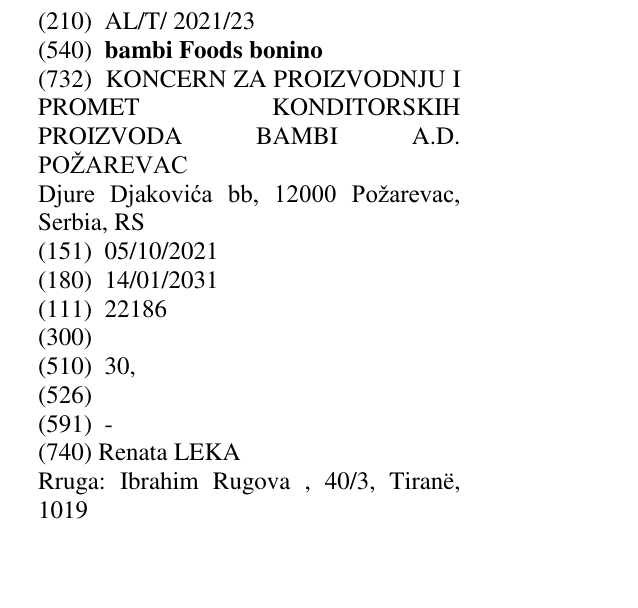 Zëri i markës bambi Foods bonino në buletin
