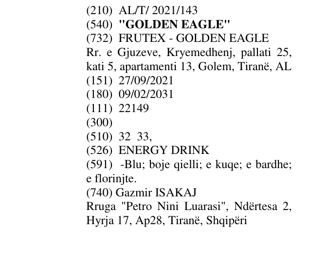 Zëri i markës "GOLDEN EAGLE" në buletin