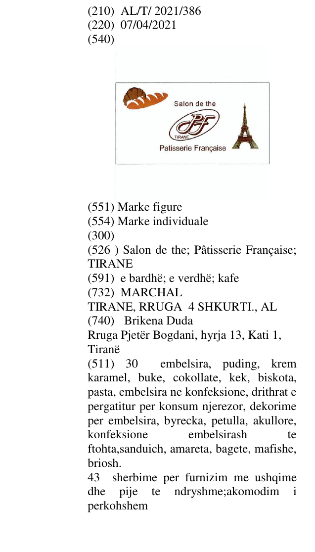 Zëri i markës Salon de the; Pâtisserie Française; TIRANE në buletin