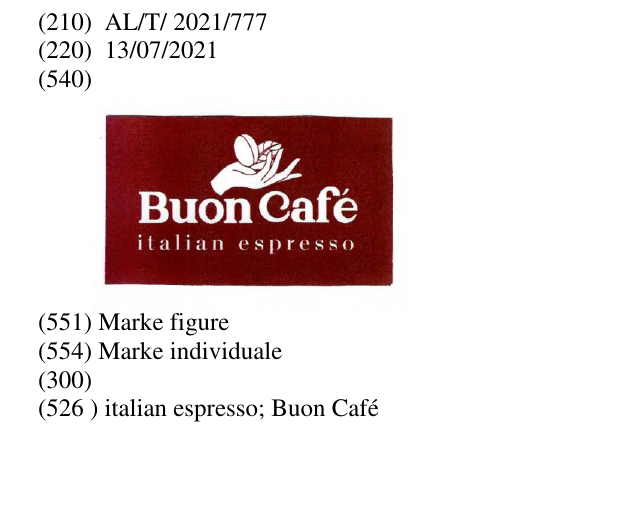 Zëri i markës italian espresso; Buon Café Buletini i Pronësisë Industriale 13 në buletin