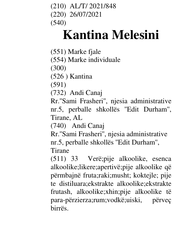Zëri i markës Kantina Melesini në buletin