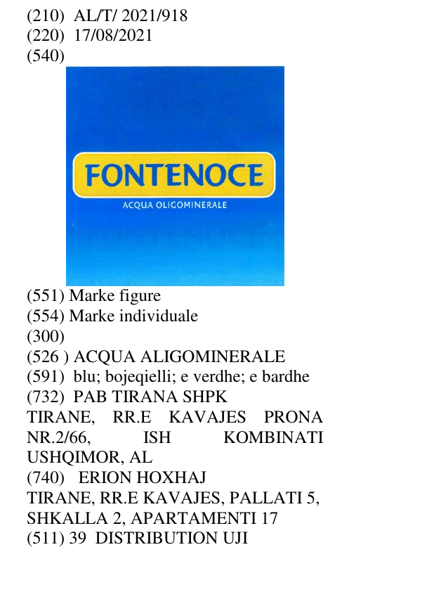 Zëri i markës ACQUA ALIGOMINERALE në buletin