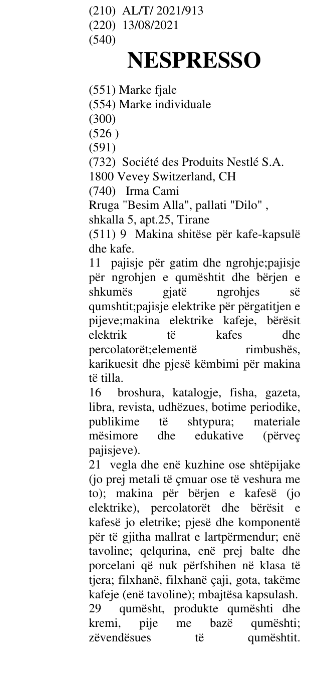 Zëri i markës NESPRESSO në buletin