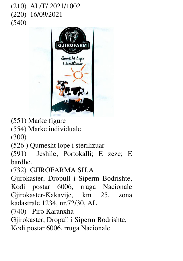 Zëri i markës Qumesht lope i sterilizuar në buletin