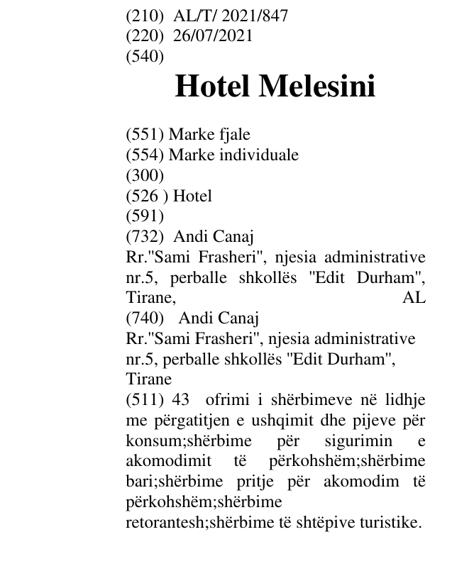 Zëri i markës Hotel Melesini në buletin
