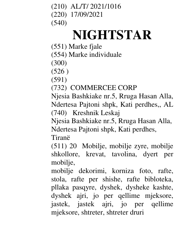 Zëri i markës NIGHTSTAR në buletin