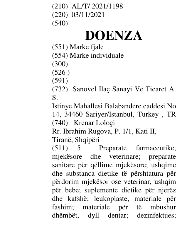 Zëri i markës DOENZA në buletin