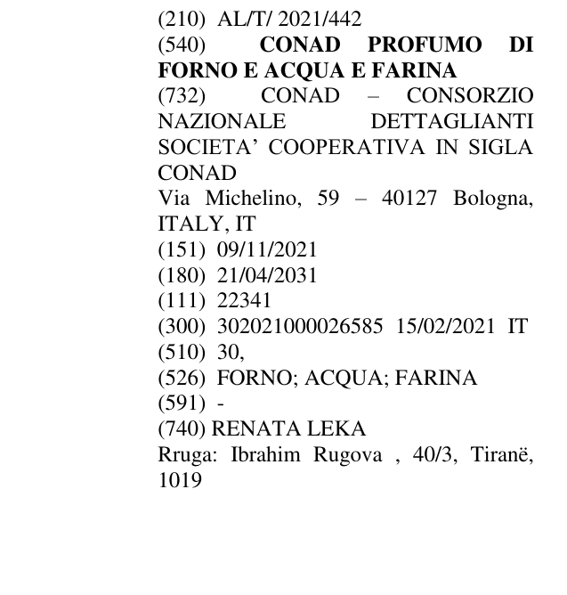 Zëri i markës CONAD PROFUMO DI FORNO E ACQUA E FARINA në buletin
