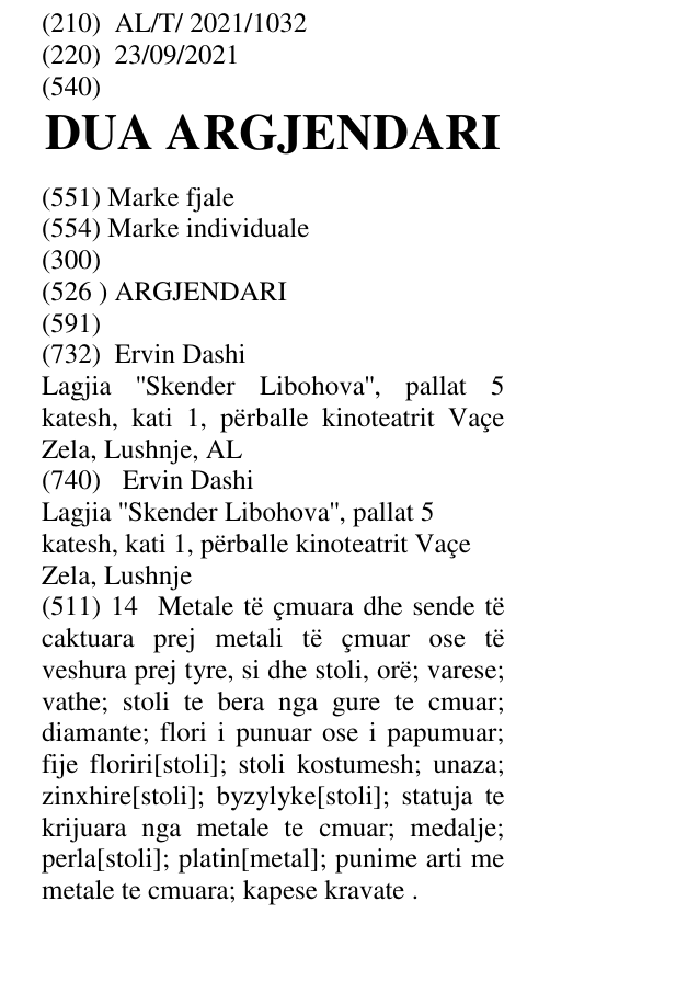 Zëri i markës DUA ARGJENDARI në buletin