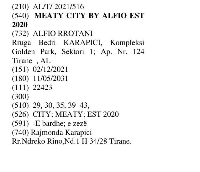 Zëri i markës MEATY CITY BY ALFIO EST 2020 në buletin