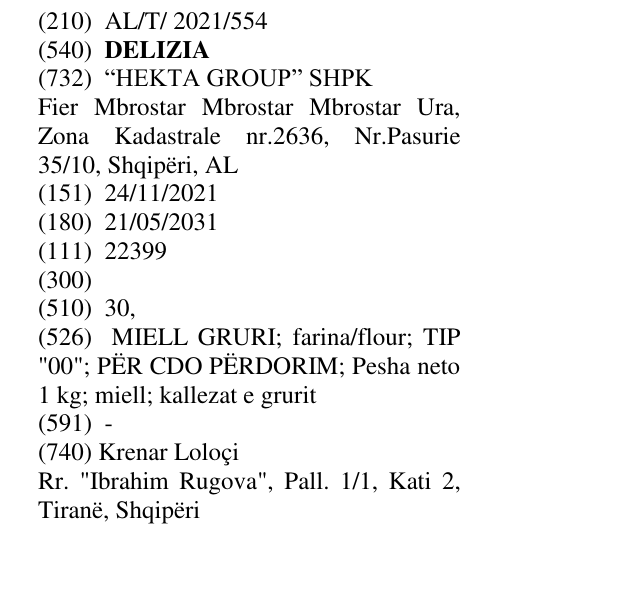 Zëri i markës DELIZIA në buletin