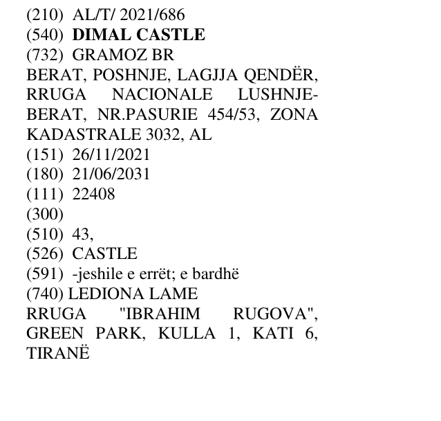 Zëri i markës DIMAL CASTLE në buletin