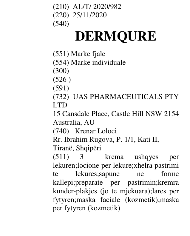 Zëri i markës DERMQURE në buletin