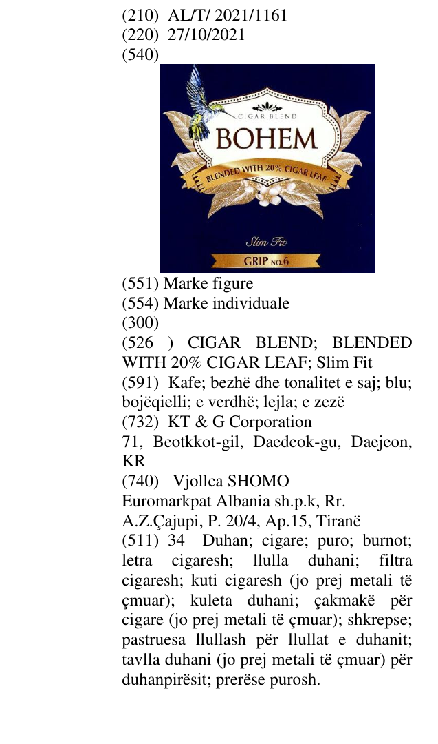 Zëri i markës CIGAR BLEND; BLENDED WITH 20% CIGAR LEAF; Slim Fit në buletin