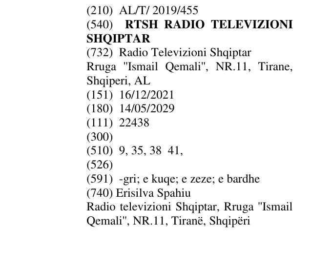 Zëri i markës RTSH RADIO TELEVIZIONI SHQIPTAR në buletin