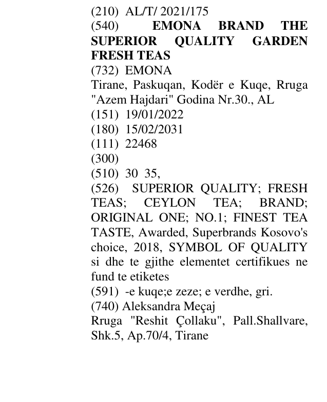 Zëri i markës EMONA BRAND THE SUPERIOR QUALITY GARDEN FRESH TEAS në buletin