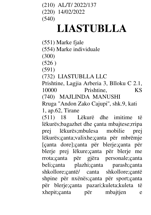 Zëri i markës LIASTUBLLA në buletin