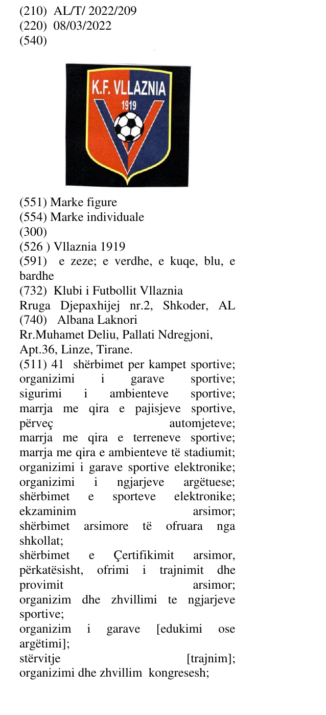 Zëri i markës Vllaznia 1919 në buletin
