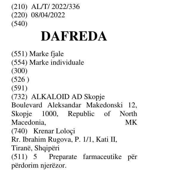 Zëri i markës DAFREDA në buletin