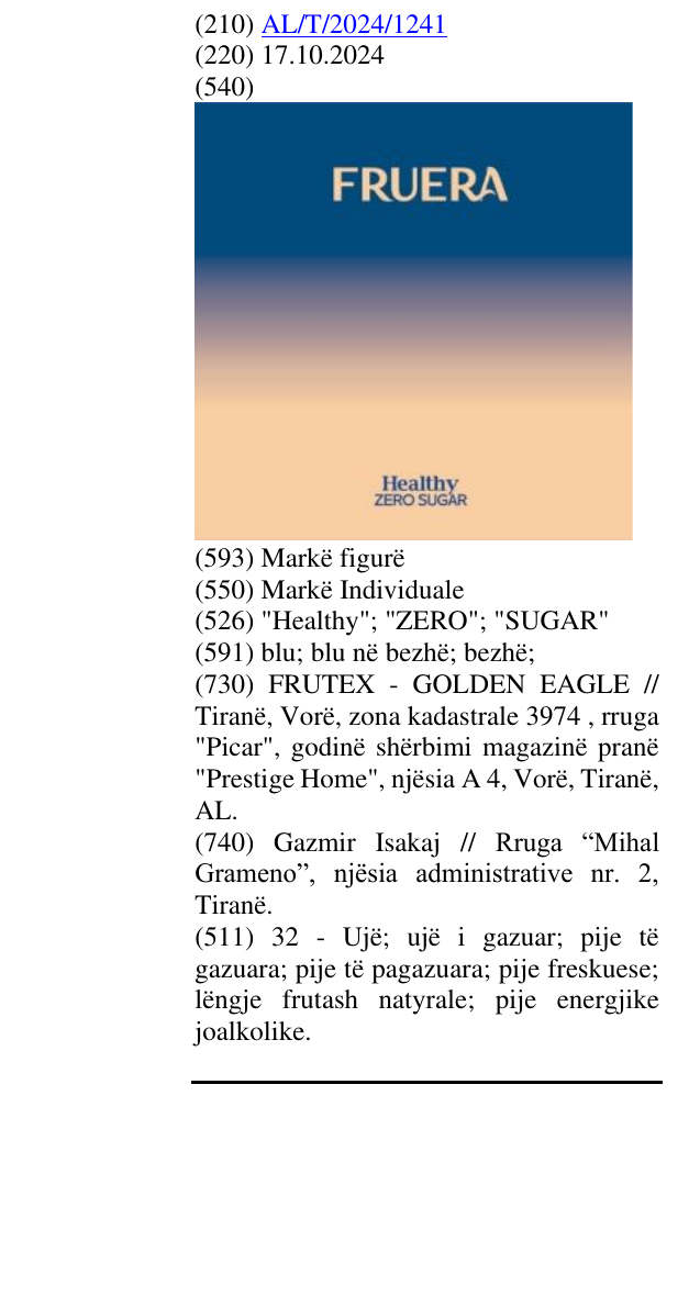 Zëri i markës "Healthy"; "ZERO"; "SUGAR" në buletin